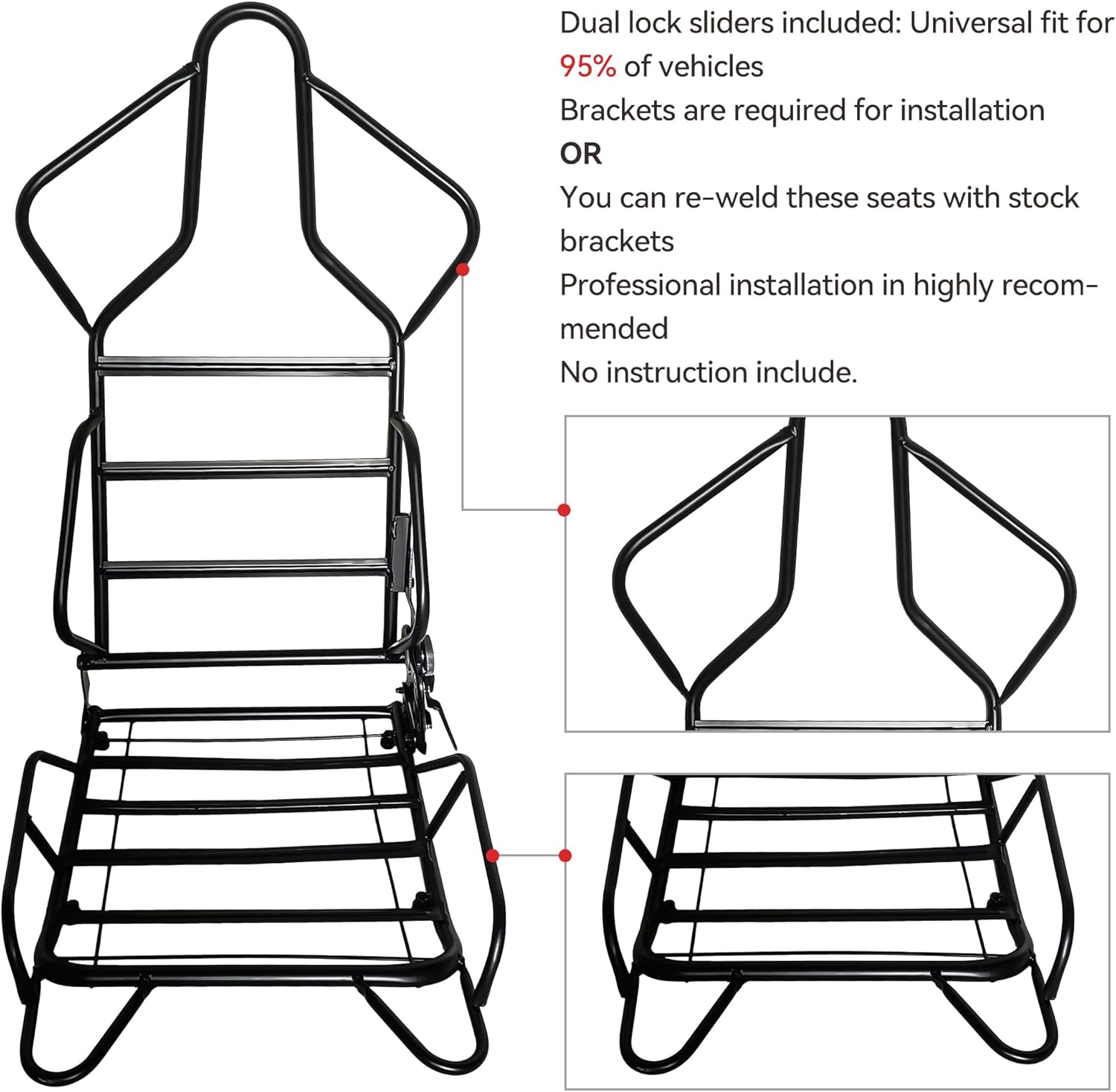 MAROUTE 1 Piece Universal Racing Seats with Dual Lock Sliders, PU Leather, Racing Bucket Seats, 23.6"×19.7"×37.4", Red+Black Stitching Racing Seat, Passenger Side