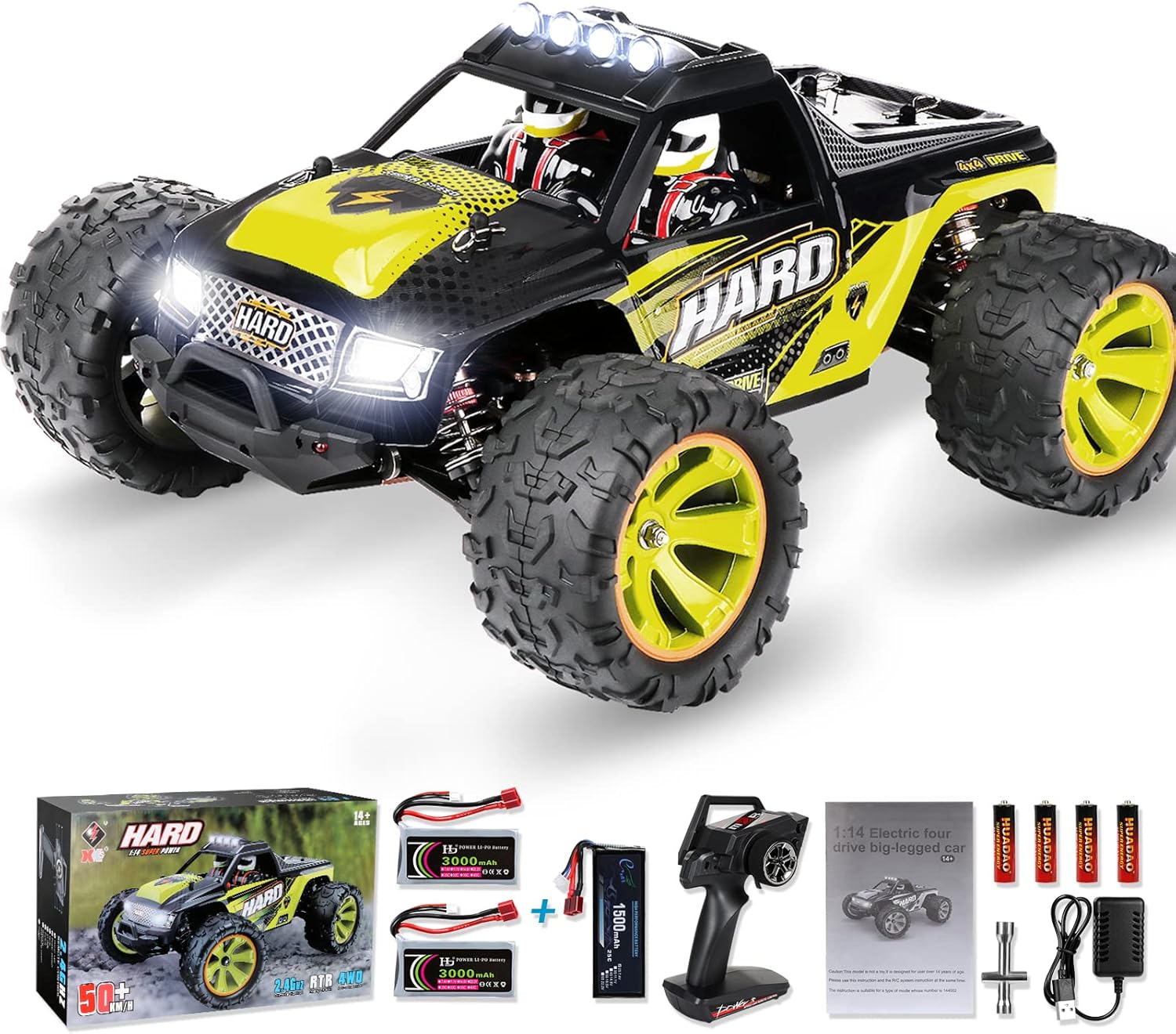 1:14 Scale Fast Remote Control Car for Adults-4WD RC Car Adjustable High Speed 50+km/h-All Terrain RC Monster Truck with 550 Motor & 3 x High Capacity Batteries for 60 mins Play