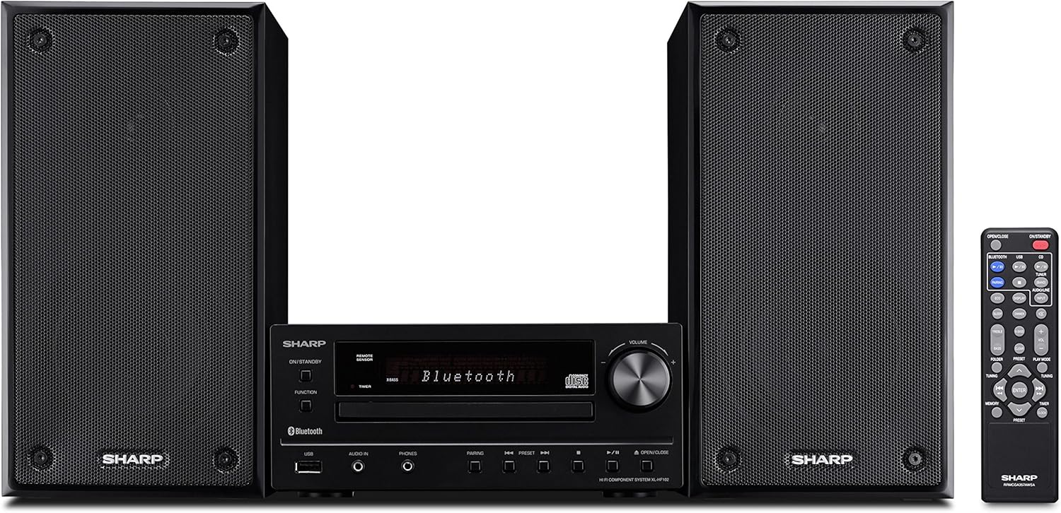 Sharp XLHF102B HI Fi Component MicroSystem with Bluetooth, USB Port for MP3 Playback, Built-in CD Player, AM/FM Tuners, 50W RMS, Remote Included, Black