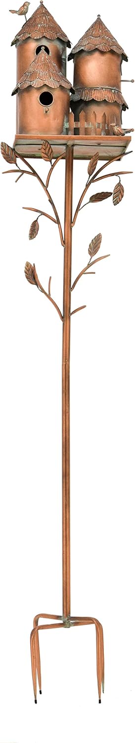 Zaer Ltd. Large Copper Colored Multi-Birdhouse Stakes, Room for 4 Bird Families in Each (Castle Home)