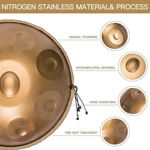 Handpan Drum 9/10/12 Notes 22 Inch Handpan Drum 432HZ/440HZ D minor, harmonic percussion for sound healing, personal meditation, yoga (Gold)(Size:9 Notes(440HZ))