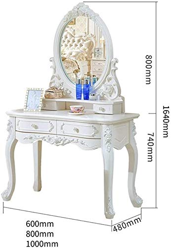 Luxury Dressing Vanity Table w/Stool for Bedroom, 2 in 1 Makeup Vanity Desk European Style Dressing Table Mini Dressing Desk Solid Carved Table with Stool(100cm)