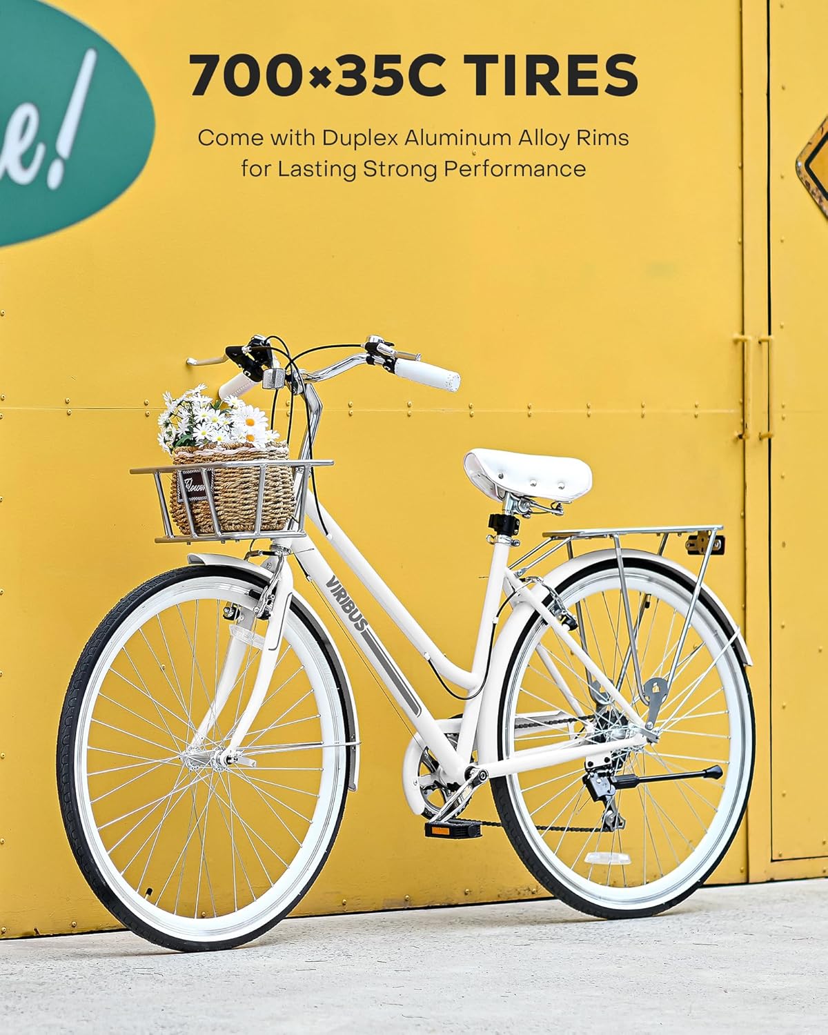 Viribus Hybrid Bike, 700C Road Bike for Women, Lightweight 7 Speed Womens Bike with Basket & Rack, Step Through Hybrid Bicycle, 28 inch Adult Bike for Commuting, Bikes for Women Ladies