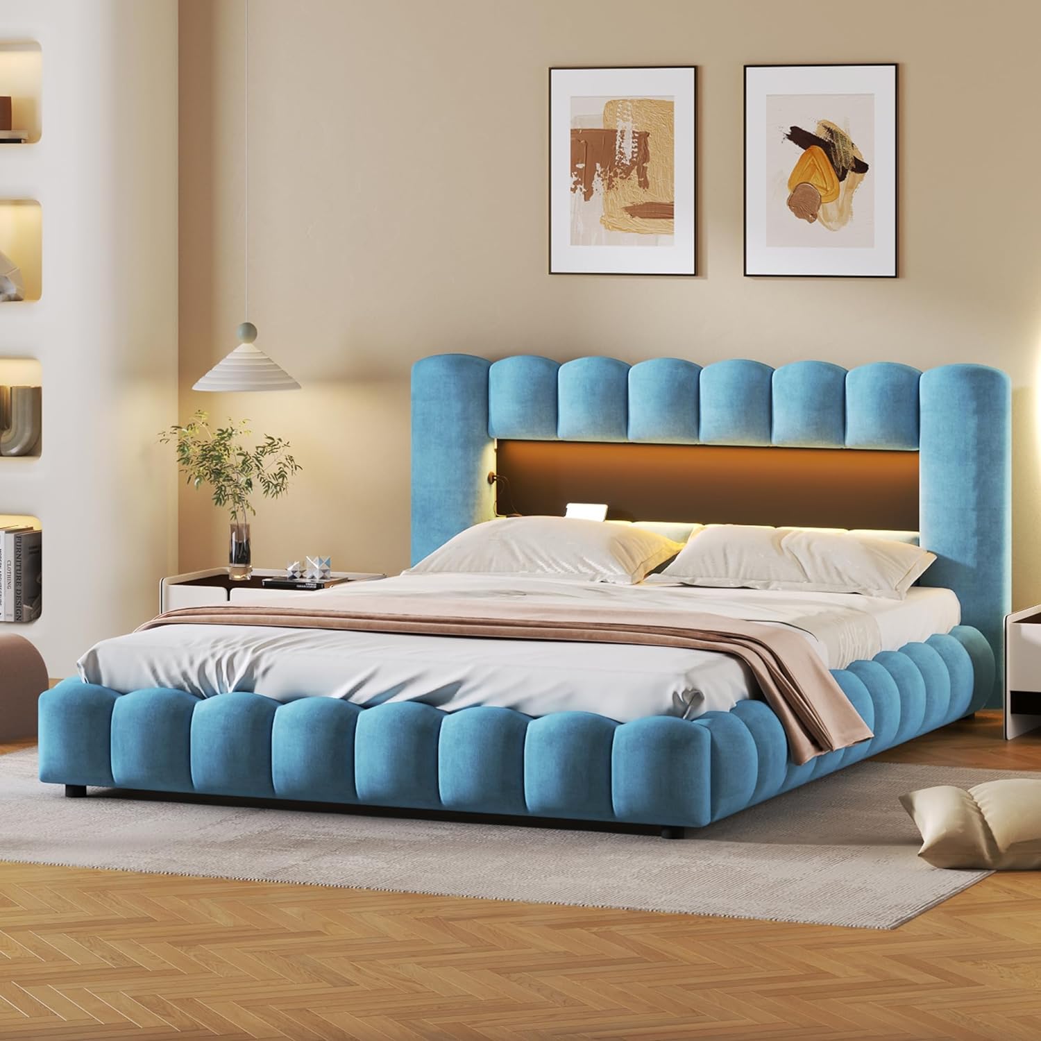 Quee Size Bed With Storage Udereath, Lift Up Storage Bed Frame With LED Headboard Ad USB, Upholstered Platform Bed, Mattress Foudatio, Wood Slat Support, o Box Sprig eeded, Lie Blue