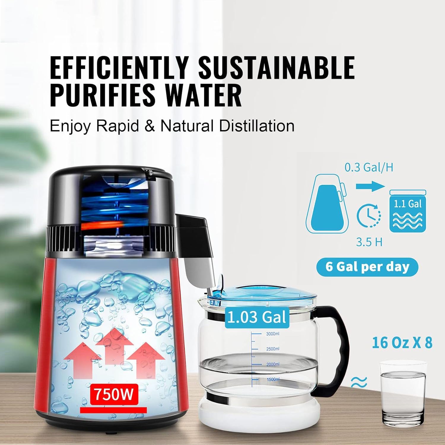 4L 1.05 Gallon Water Distiller Pure Water Purifier Filter for Home Countertop, 750W Distilled Water Maker, Stainless Steel Interior Machine to Make Clean Water, Red