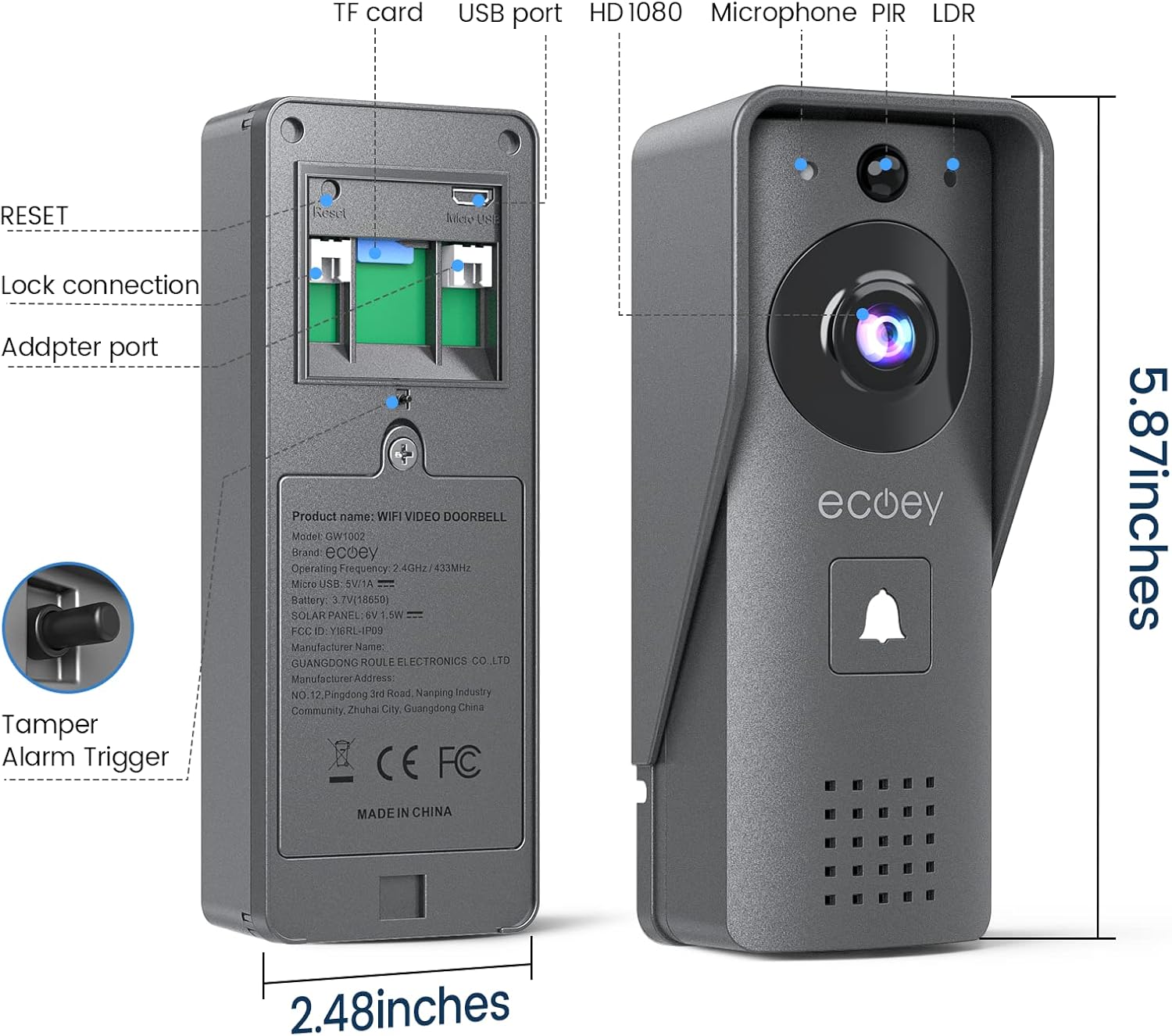 Ecoey Video Doorbell Camera, Smart Wi-Fi Doorbell Camera with Two-Way Audio, Video Doorbell with 1080P HD, PIR Motion Detection, Removable TF Card, Wireless Doorbell with Solar Energy, GW1002, 1PACK