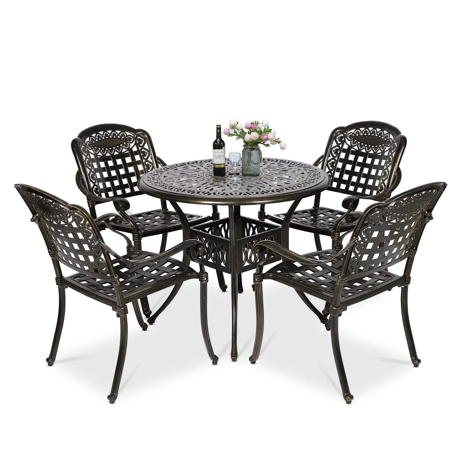 MEETWARM 5 Piece Patio Dining Set, Outdoor All-Weather Cast Aluminum Dining Table Set, Patio Furniture Set for Backyard Garden Deck, Include 4 Chairs and a 35.4" Round Table with Umbrella Hole