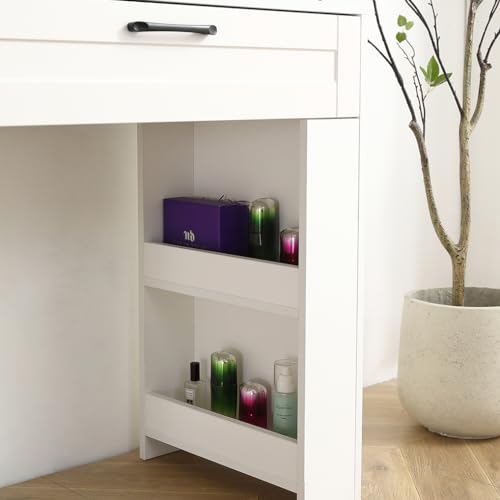 White Vanity Desk With Mirror And Cushioned Stool,Makeup Desk With Right Sliding Mirror,Vanity with Drawers and Open Shelves,Practical Fashionable Vanity Table Dressing Table for Women Girls,31in