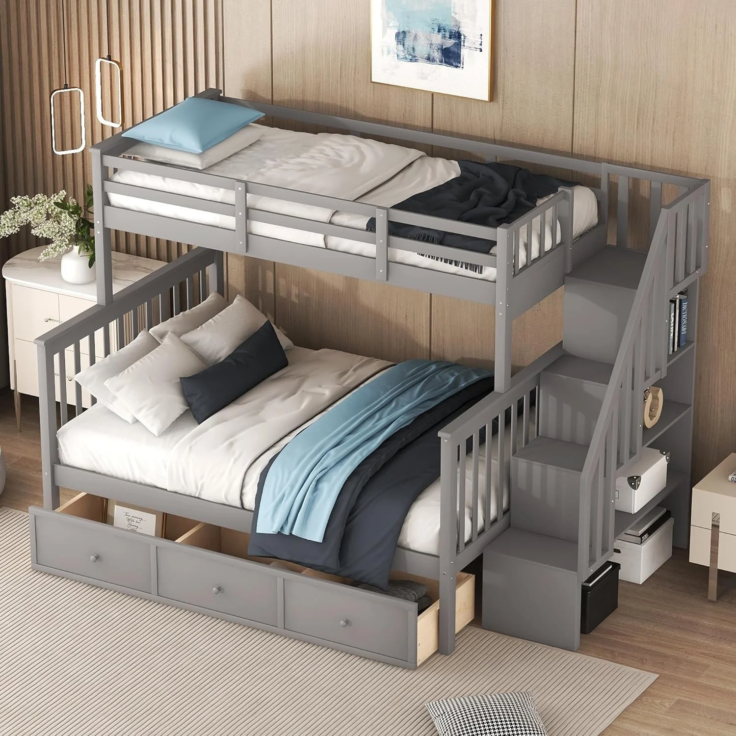 Over Full Bunk Bed With Stairs And Storage Drawers, Hardwood Stairway Bunk Bed Frame For Kids Teens Adults, Bedroom, Dorm - Gray