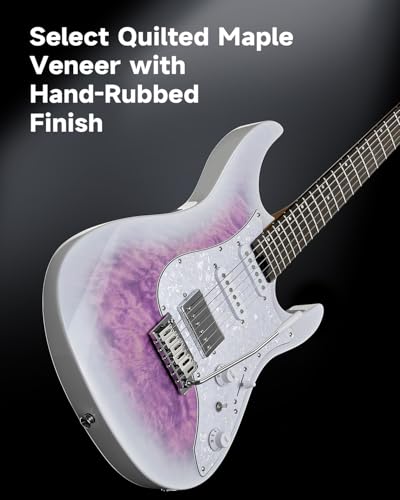 Donner 39 Inch Electric Guitar, DST-550 Color Gradient Poplar Body, Laurel Fretboard & Maple Veneer, 7 Tone Options, Tremolo Bridge, for Intermediate & Pro Players, Bonus Bag – Amethyst white burst