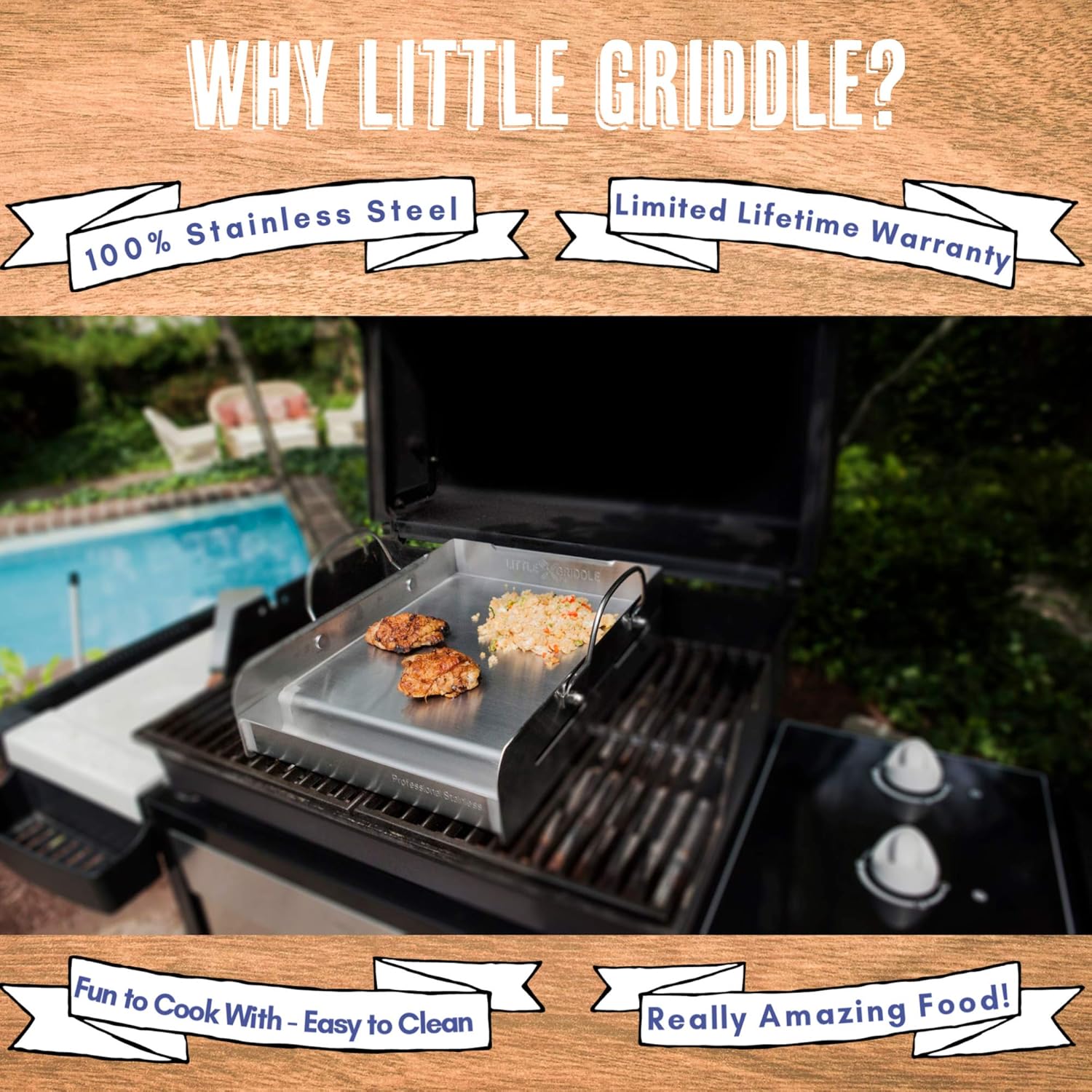 LITTLE GRIDDLE Sizzle-Q SQ180 100% Stainless Steel Universal Griddle with Even Heating Cross Bracing for Charcoal/Gas Grills, Camping, Tailgating, and Parties (18x13x3)