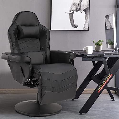 Reclining Gaming Chair - Gaming Recliner Chairs for Adults - PU Leather Gaming Chair with Massage, Swivel Gaming Recliner Chair with Adjustable Height, Lumbar Support, Side Pouch (Blue)