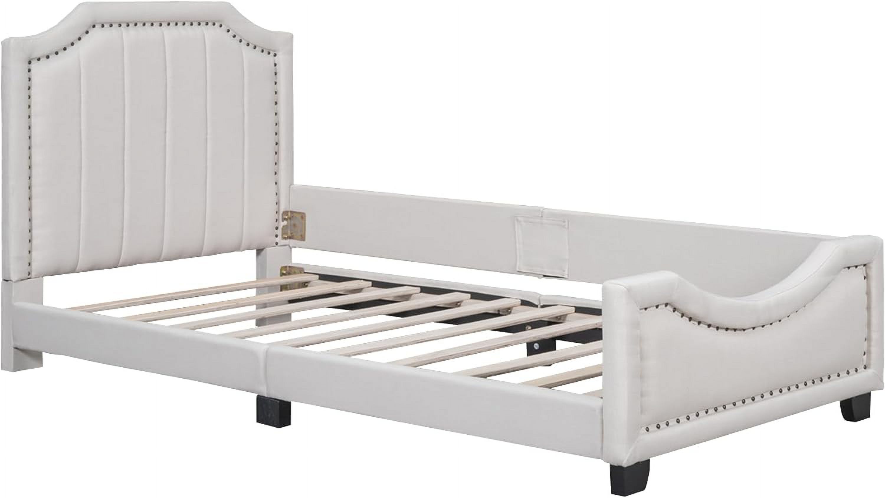 Upholstered Bed With Headboard, Low Platform Bed Frame With Rails For Kids, Lie Fabric Child Bed For Girls Boys Tees, Beige