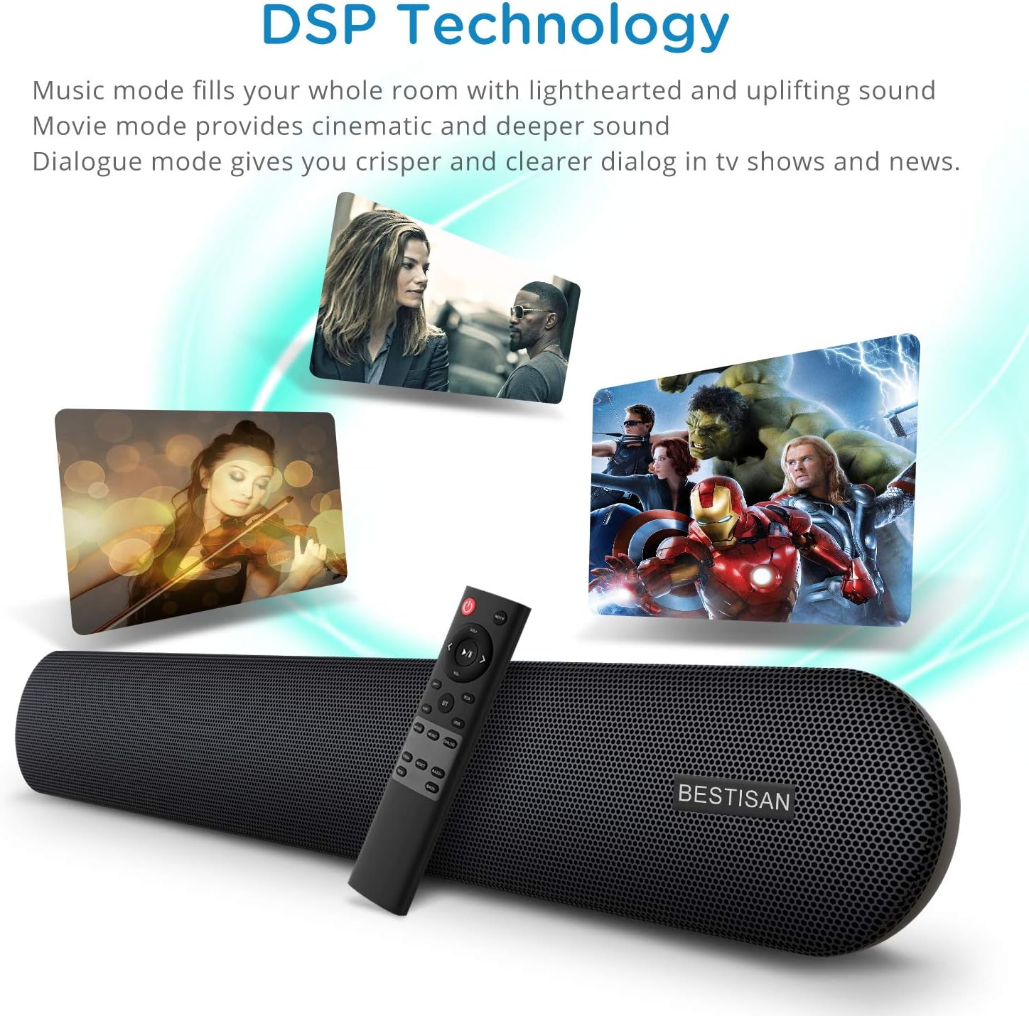 Soundbar, BESTISAN 80 Watts TV Sound Bar Home Theater Speaker with HDMI, Optical, RCA, AUX Port, Bluetooth 5.0, Movie/Music/Dialogue Audio Mode, Enhanced Bass Technology, Bass Adjustable, 2022 Version