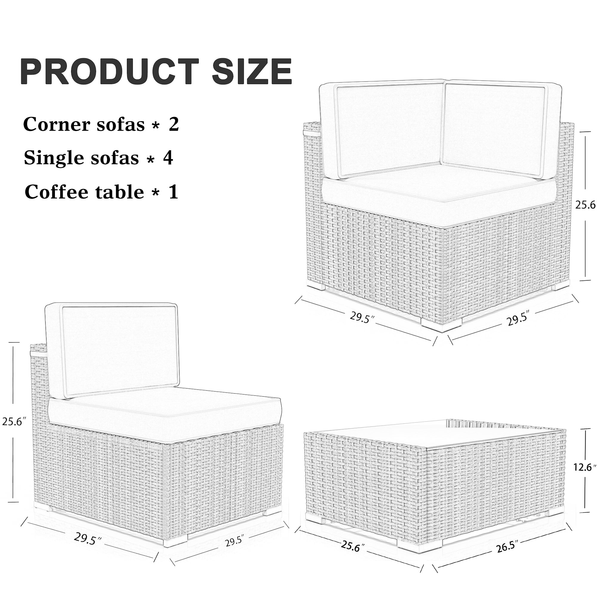 7 Piece Patio Furniture Sets, Outdoor Sectional Patio Conversation Set Wicker Rattan Sofa Chair Set with Cushion and Glass Table