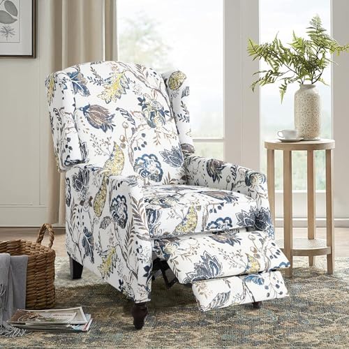 Wingback Recliner Chair with Massage and Heat, Tufted Fabric Pushback Recliner Chair, Wingback Chair with Remote Control, Padded Cushion, Wooden Legs, Small Recliners for Small Spaces
