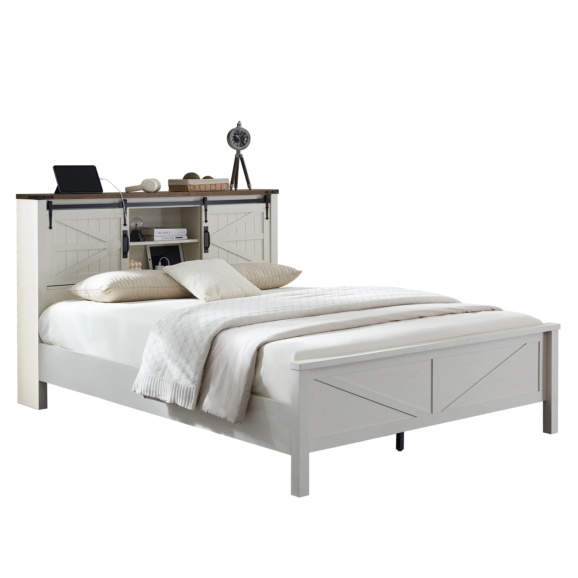 OKD Modern Farmhouse Full Platform Bed with Bookcase Headboard Storage and Charging Station, No Box Spring Needed, Anitique White Finish