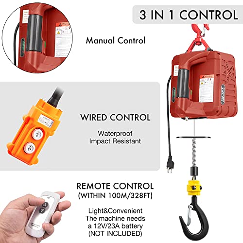 3 in 1 Electric Hoist Winch, 1100LBS Portable Hoist Lift Crane 16FT/MIN 110 Volt Winch with Remote Control Electric Winch, 110V 500W with Overload Control