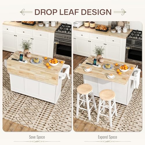 HOMCOM Rolling Kitchen Island with Power Outlet and Drop Leaf, 53" Island Table with Wood Top, 3 Drawers, Adjustable Shelf, Spice & Towel Rack, Kitchen Cart on Wheels, White