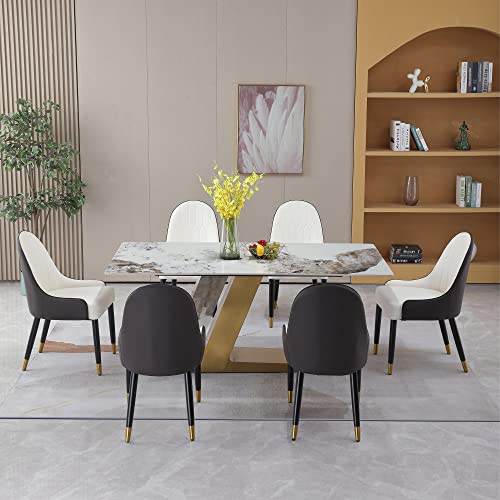 Sintered Stone Dining Table for 6-8, Modern Rectangular Kitchen Table with Z-Shaped Gold Stainless Steel Base, Luxury Pandora Brown+White Dining Room Table Noble Hotel Dining Table