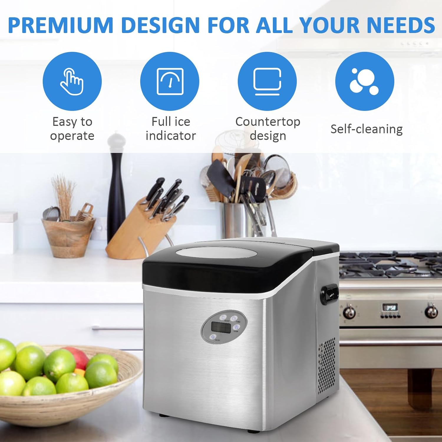 Portable Compact Countertop Automatic Ice Cube Maker Machine with Hand Scoop and Self Cleaning 48.5lbs in 24Hrs for Home Kitchen Office Bar Party