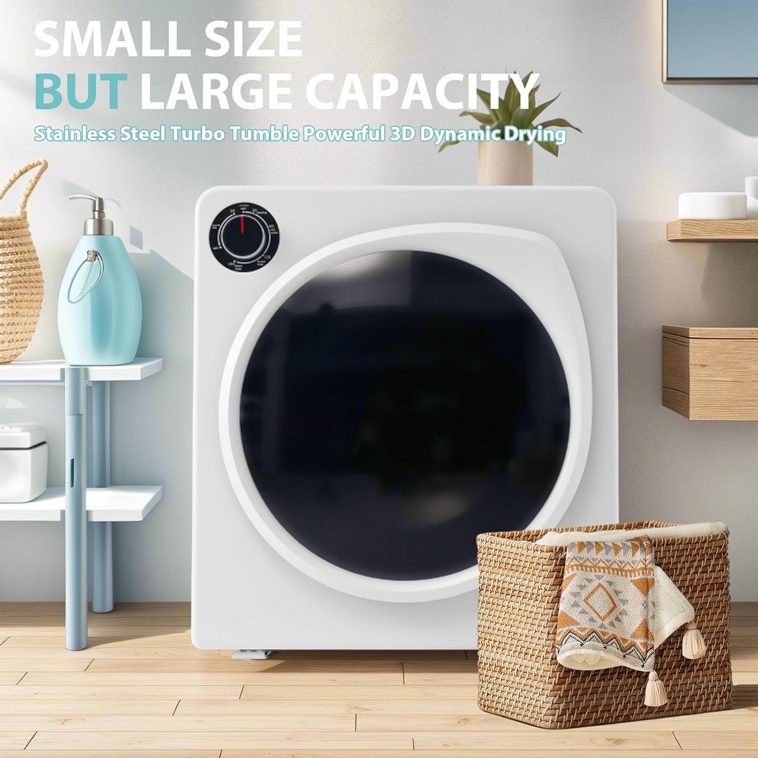 Compact Laundry Dryer, Electric Portable Clothes Dryer - 13.2 lbs Capacity, Stainless Steel Drum, Double Temperature Control Switch, 5 Drying Modes for Apartments, Home, Dorm - 1350W, White