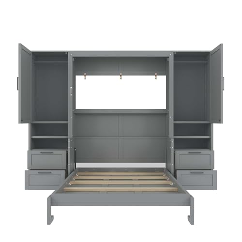 KLMM Wooden Murphy Bed Wall Bed with 2 Wardrobe and Storage Shelf,Foldable Platform Bedframe for Guest-Room Bedroom Study Office Use (White#E, Full)
