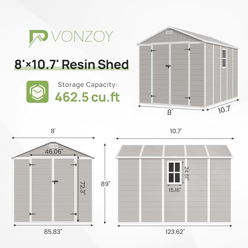 6x6FT Resin Outdoor Storage Shed, Plastic Garden Shed with Floor, Lockable Door & Window, Waterproof Tool Shed for Bike, Garbage Can, Lawn Mower, Patio Furniture Grey White