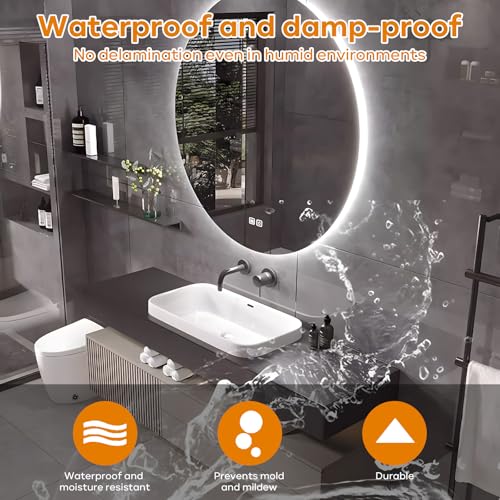 Bathroom Vanity - Floating Bathroom Vanity with Sink & Round LED Defog Mirror with Lights, Modern Bathroom Vanity with Drawer and Floating Shelf, Solid Wood, Wall Mounted(White, 36")