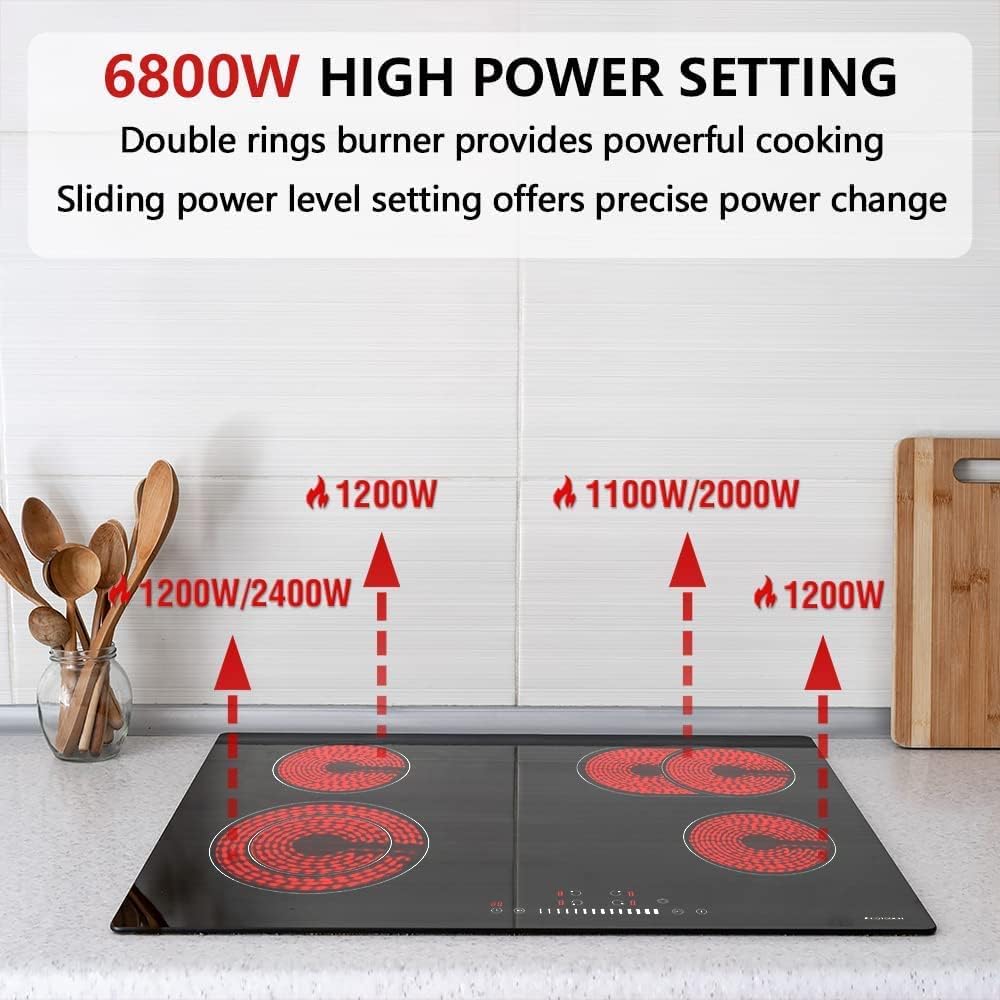 Electric Cooktop 30 inch, ECOTOUCH Radiant Cooktop 4 Burner Smoothtop Electric Cooktop 30" Built in Electric Stove Top, 240V CRAH774B
