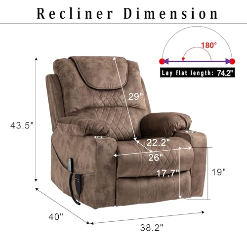 Power Lift Chair Lay Flat Recliner Infinite Position Electric Dual Motor Stand Up Lift Chair with Massage and Heat for Adults,Heavy Duty Recliners with 2 Remote Controls and Two Cup Holders