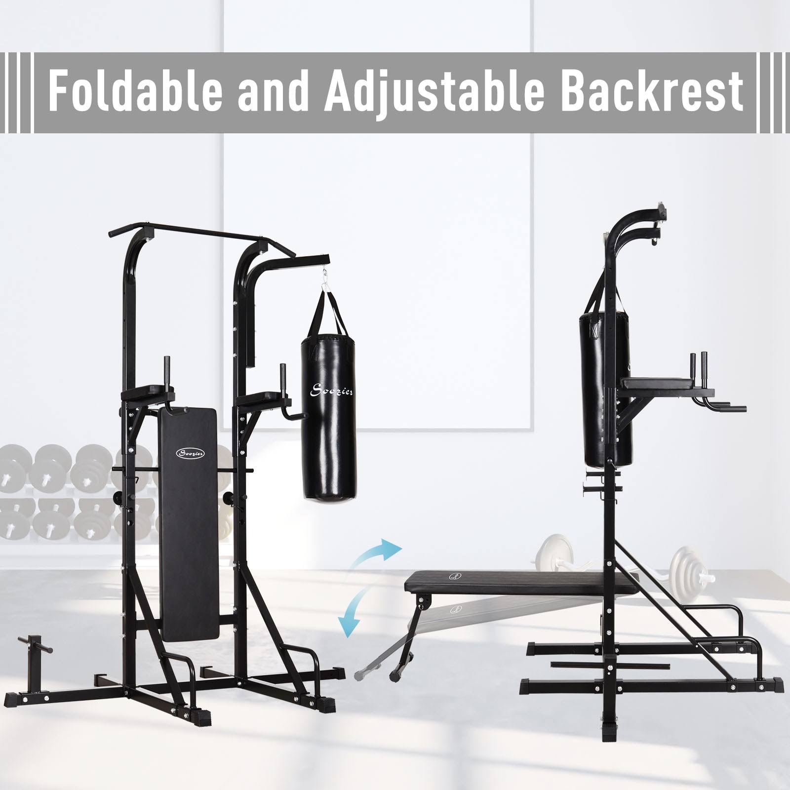 Soozier Home Gym Power Tower with Bench and Punching Bag, Multi-Function Adjustable Dip Sit Up Workout Station Equipment Heavy D