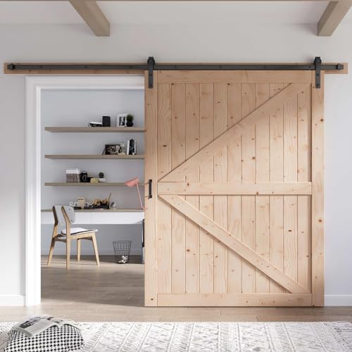 FREDBECK 48in x 80in Sliding Wood Barn Door with 8FT Barn Door Hardware Kit Included K Shape Solid Spruce Panel Sliding Door Double Surfaces Need to Assembly