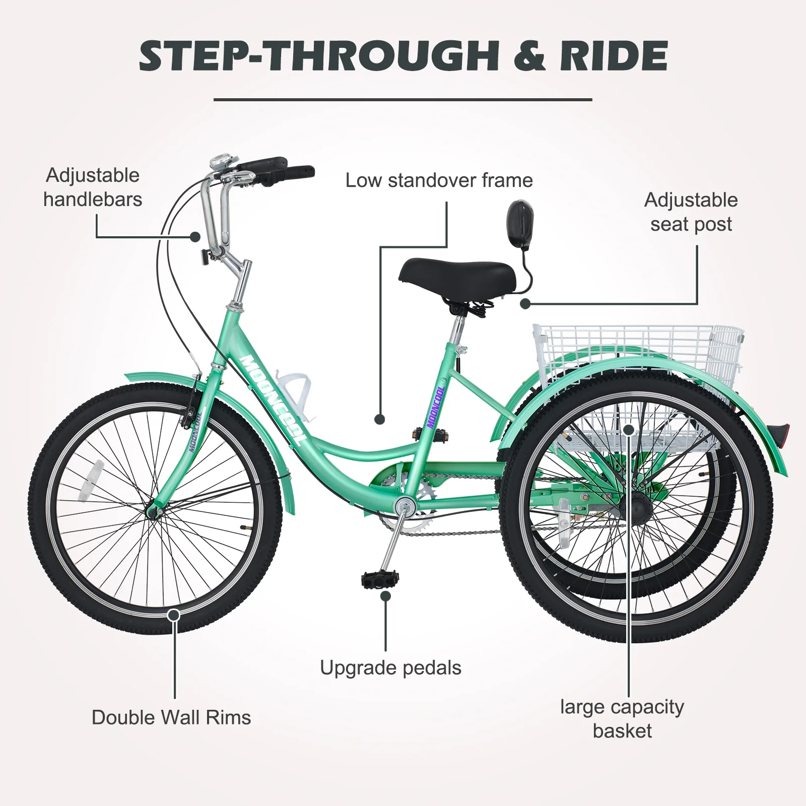 Lilypelle Adult Tricycles Single Speed 24 inch Three Wheel Bike Cruiser Trike with Low-Step Through Frame/Large Basket for Men, Women, Seniors