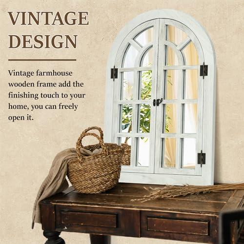 Arched Wall Mirror -Window Mirrors for Wall Decor Wood Frame Farmhouse Decor Like Window for Bedroom, Living Room, Entrance, Dining Room