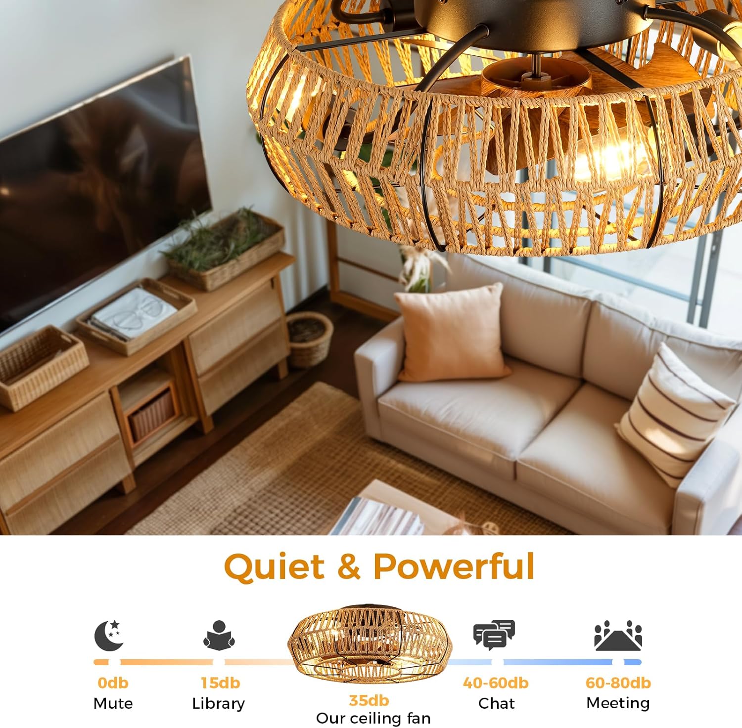 Boho Ceiling Fan with Lights - 20 Inch Flush Mount Ceiling Fan with Light and Remote/APP Low Profile Ceiling Light Enclosed Rattan Caged Ceiling Fan for Bedroom Living Room Farmhouse Indoor
