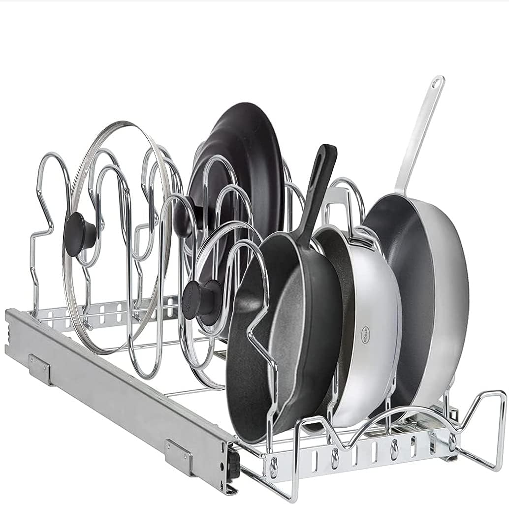 Pull Out Pan Lid Organizer Rack for Cabinet - Pull Out Organizer for Pots, Pans, Lids, Sliding Storage Rack -7" W X 21” D X 8" H, Requires at least 9" Cabinet opening - Heavy Duty Construction, Chrome Pack of 2