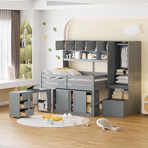 Solid Wood Low Loft Bed with All-in-One Big Storage and Mobile Desk, Twin Size Loft Bed Frame with Built-in Wardrobe and Storage Staircase for Kids Teens Boys Girls, Space-Saving, White-a