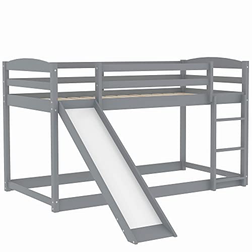 Twin Over Twin Bunk Bed with Convertible Slide and Ladder,Solid Pinewood Bed Frame, Low Bunk Bed with Safety Guardrails, Suitable for Kids Teen, No Box Spring Needed, White