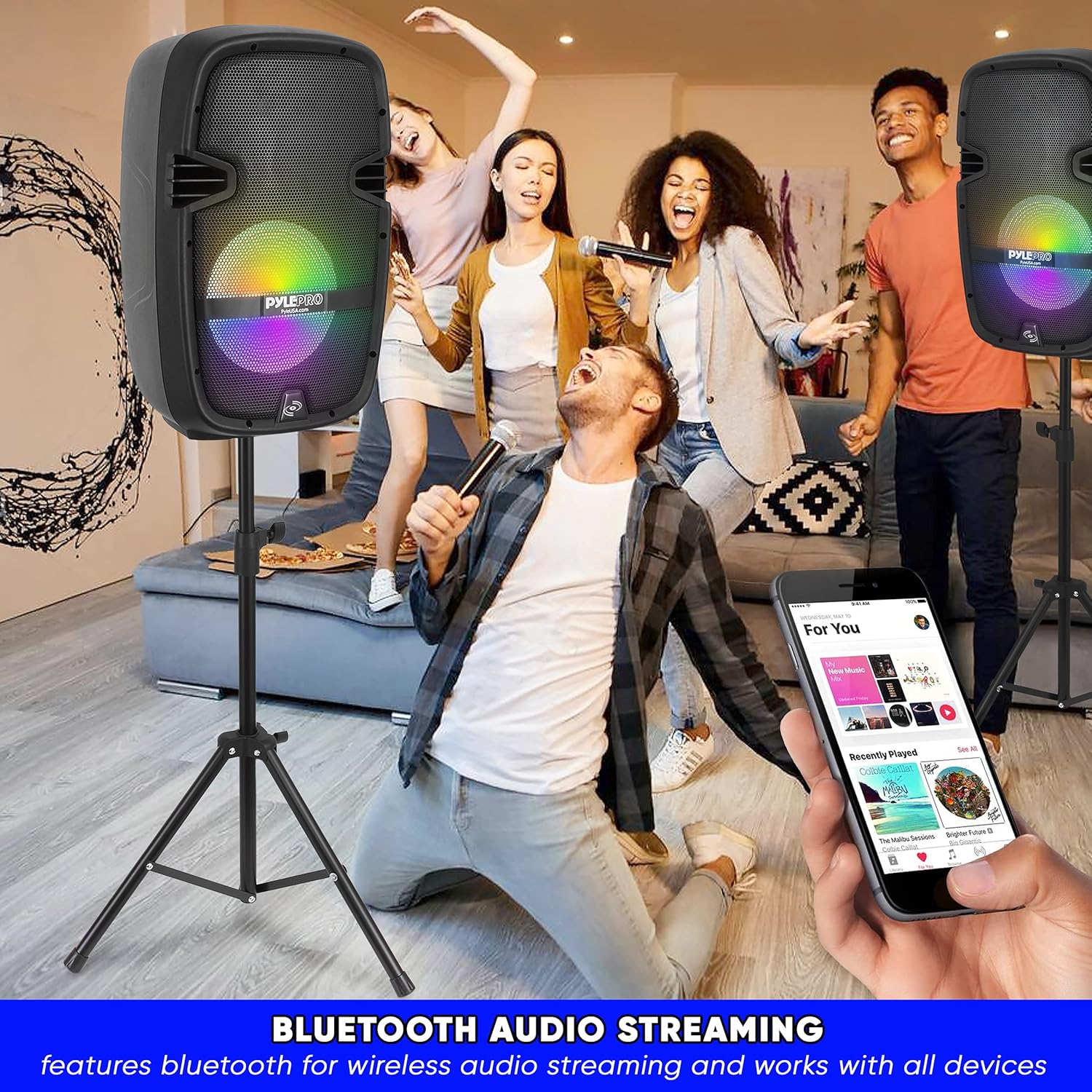 PA Speaker DJ Mixer Bundle - Portable Wireless Bluetooth Sound System w/ USB SD XLR 1/4 RCA Inputs, LED Lights - Dual Speaker, Mixer, Microphone, Stand, Cable - Home/Outdoor- Pyle PPHP210AMX,Black
