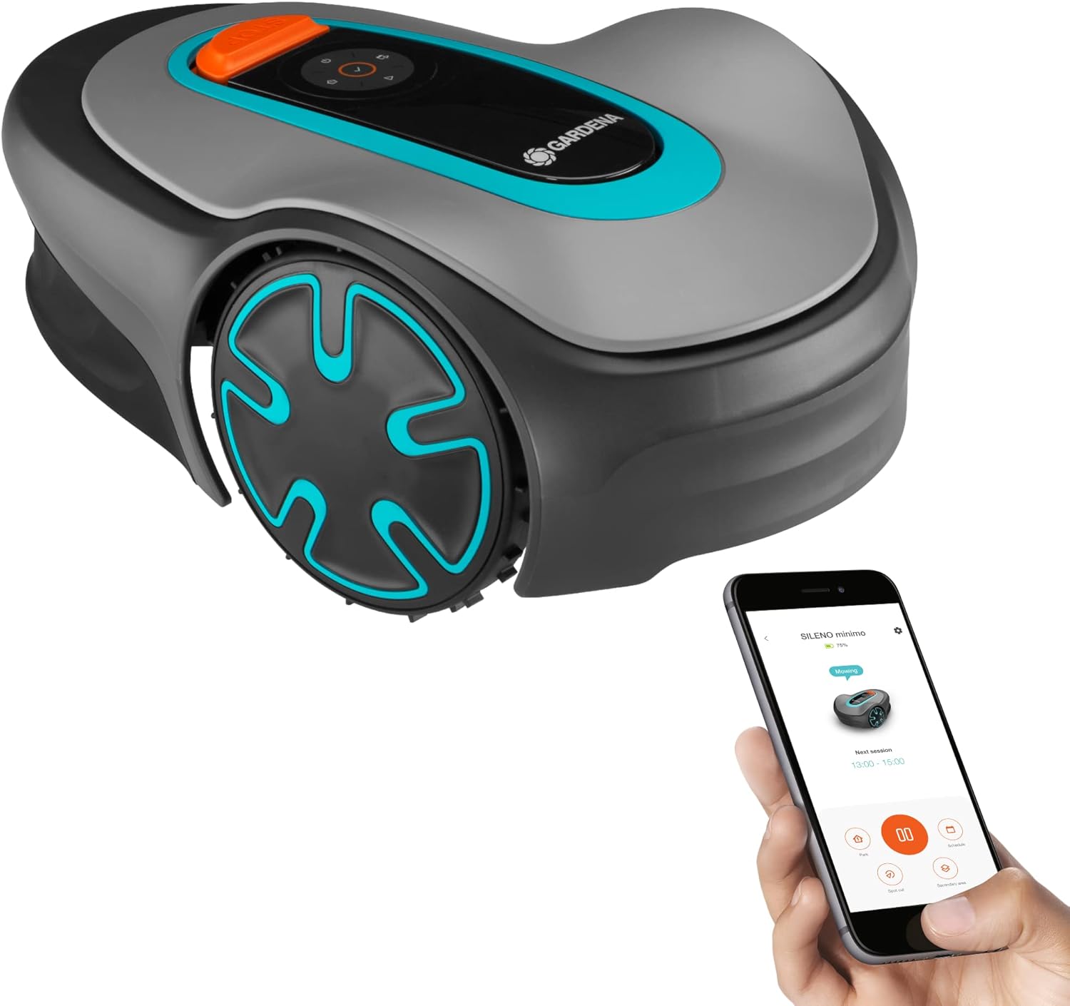 GARDENA SILENO Minimo - Fully automatic robotic lawnmower with Bluetooth App, quietest in the market, boundary wire included, for lawns up to SILENO Minimo 5400 sq ft, Grey