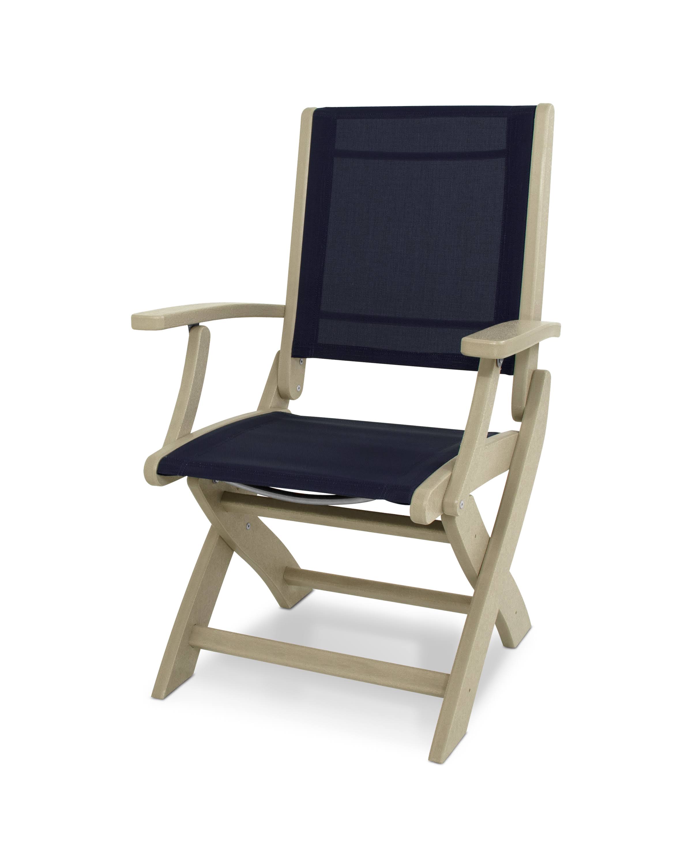 POLYWOOD Coastal Folding Chair in Sand / Navy Blue Sling
