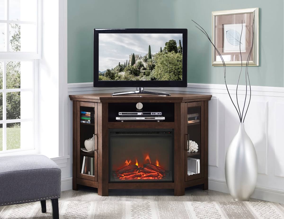 Walker Edison 48x22 Classic Traditional Wood Corner Fireplace Media TV Stand Console - Traditional Brown - Sand