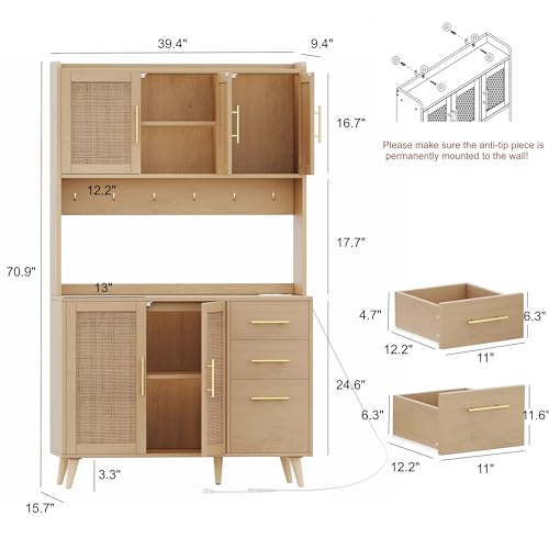 Rovaurx 70.9" Kitchen Pantry Cabinet with Microwave Shelf, Rattan Kitchen Hutch Cabinet with Charging Station, Tall Floor Cupboard Cabinet with Drawers and Doors, Black and Natural KBG002BME