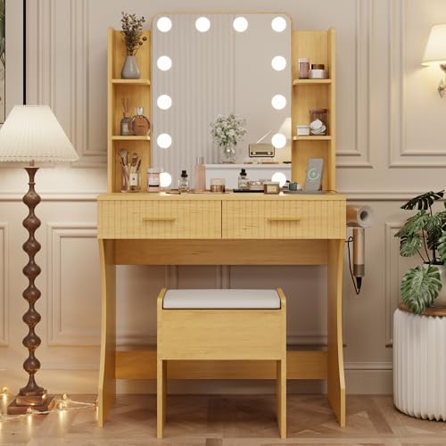 Vanity Desk with LED Lighted Mirror, Makeup Vanity with 3 Adjustable Lights, 2 Large Drawers and 4 Open Shelves, White Vanity with Storage Stool for Bedroom