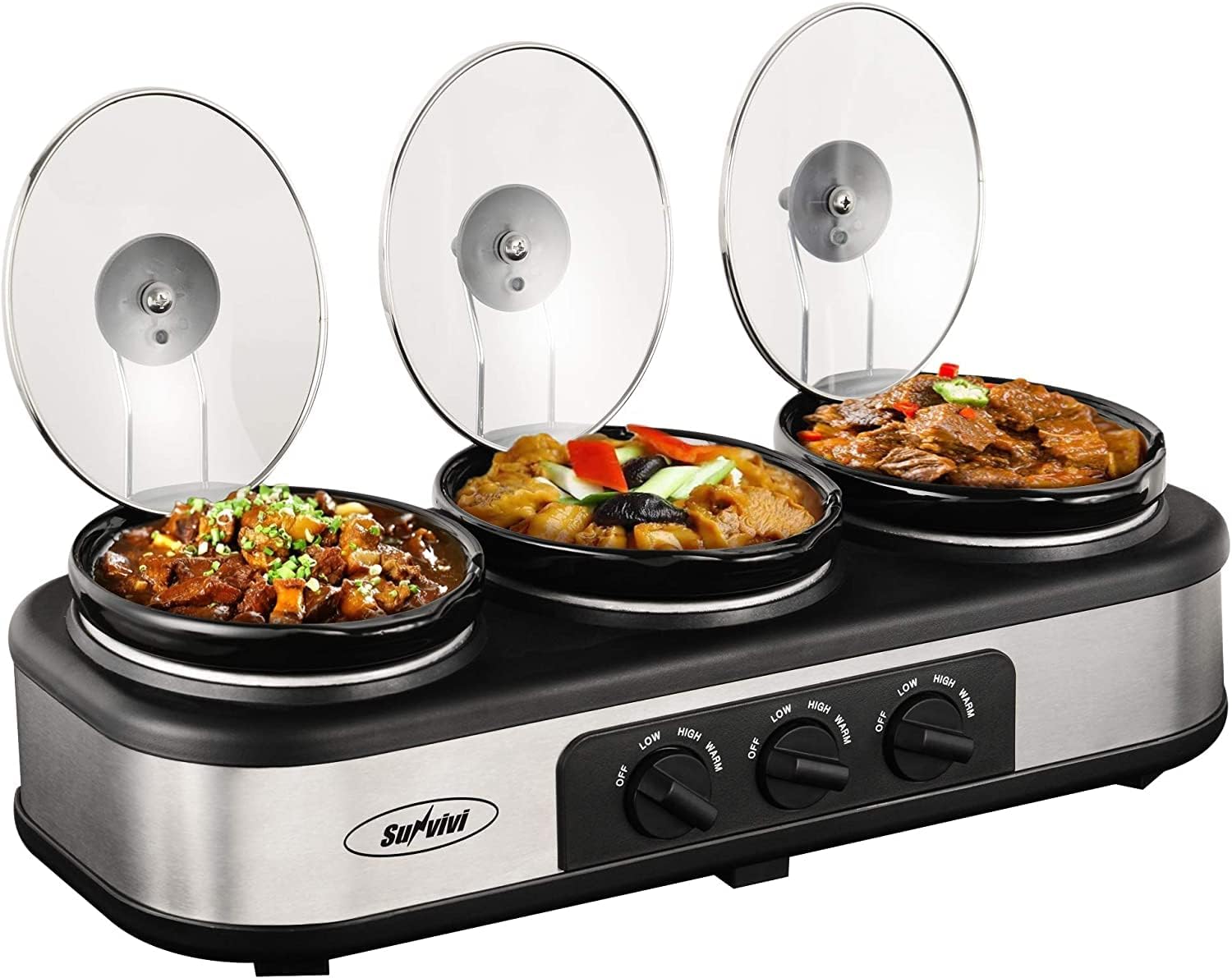Sunvivi Triple Slow Cookers Silver and Red Color, Slow Cooker Mini Crock Pot for Dips, Food Warmers Buffet Server Stainless Sliver