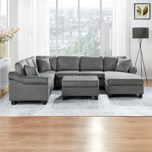 Oversized U-Shaped Sectional Sofa Couch Plush Corduroy Upholstered Modular Deep Seat Sofa&Couch Sectional W/Right Facing Chaise Lounge and 7 Toss Pillows for Home Apartment Living Room Furniture Sets