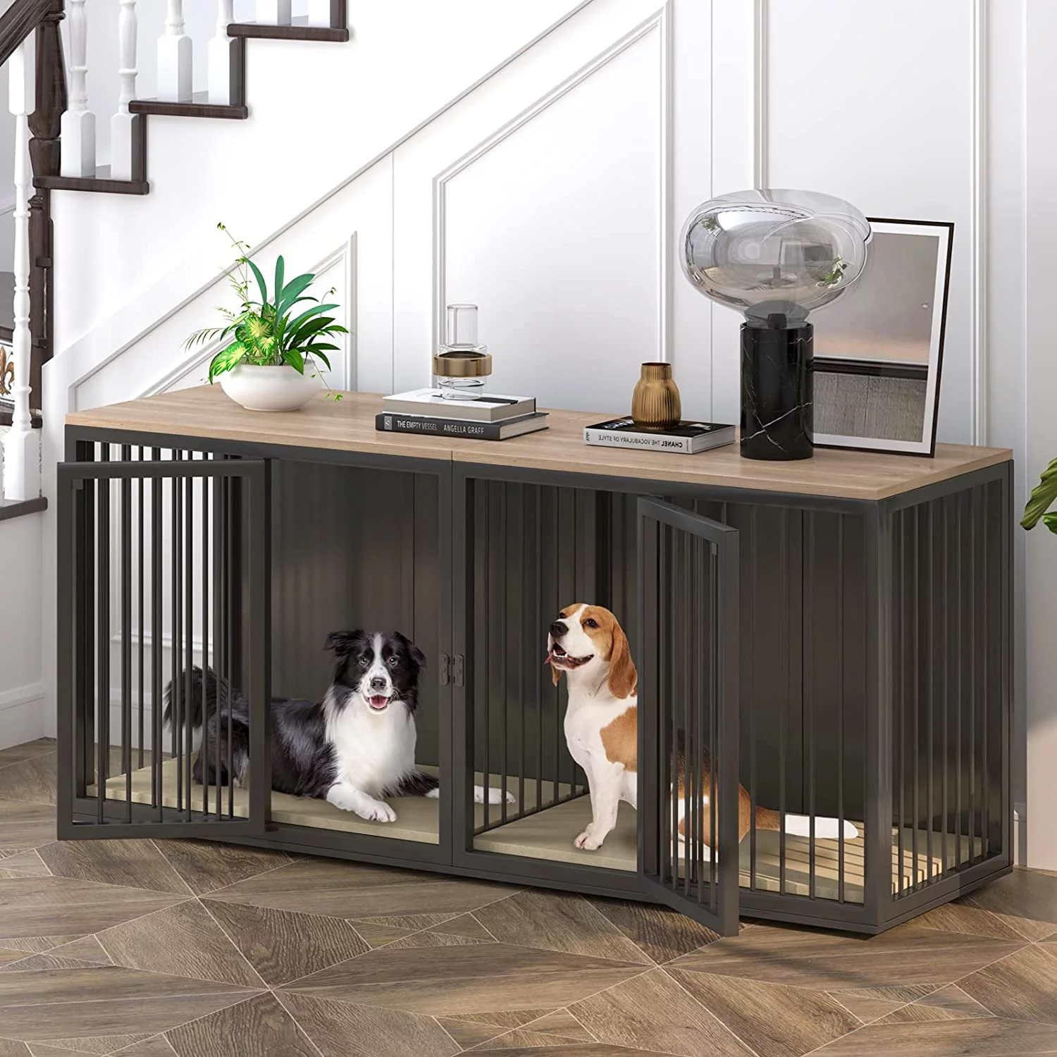 Cuoote Dog Crate Furniture for 2 Dogs, Large Kennel Furniture with Partition and Double Cage, 71.6" All-Steel Frame and Wooden Top Kennel, Suitable for Medium and Large Dogs (Black)