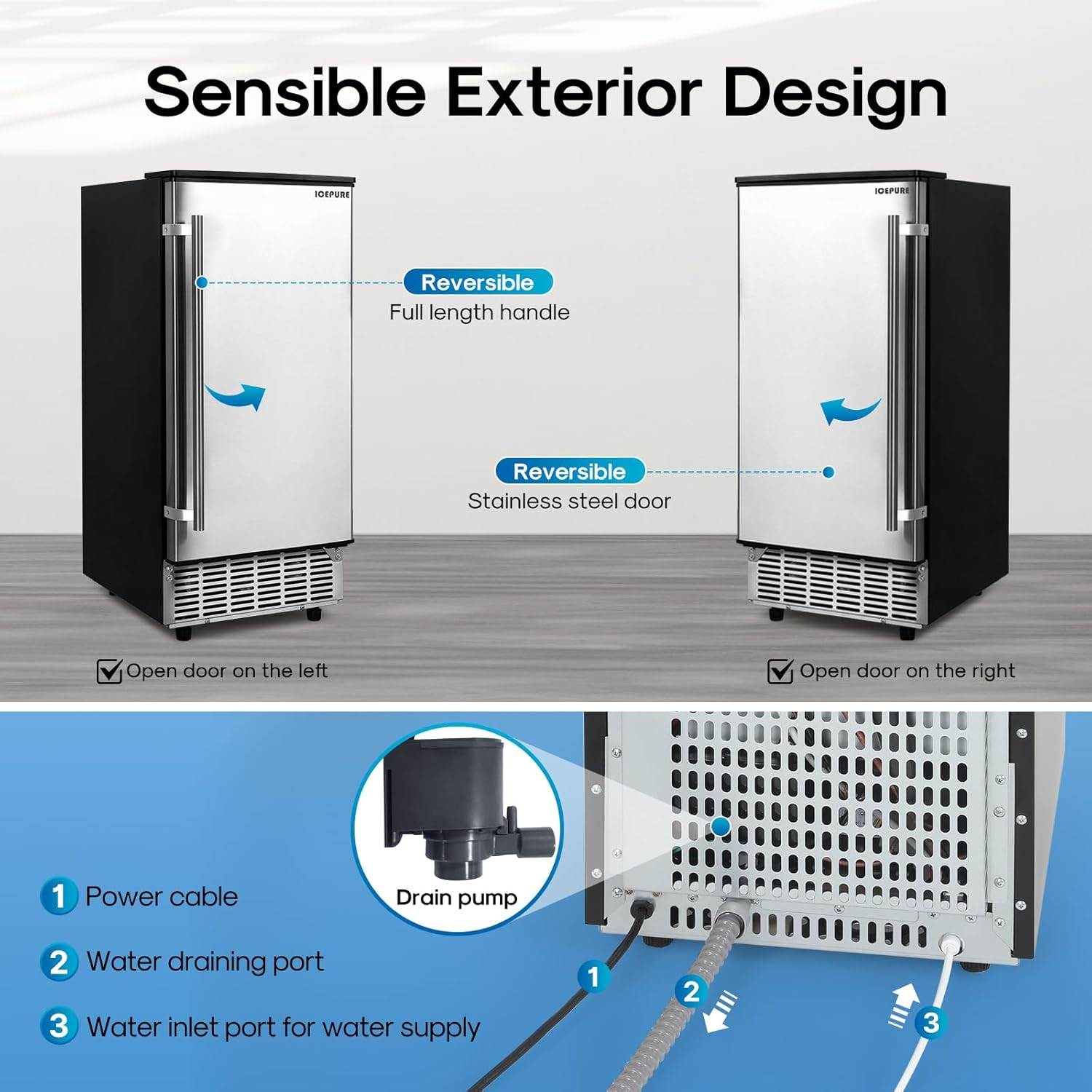 ICEPURE Commercial Ice Maker, Built in/Under Counter Ice Maker Machine with Drain Pump, 80 Lbs/24H, Auto-Cleaning, 24H Timer, 26Lbs Storage, Stainless Steel, Perfect for Commercial & Home