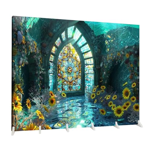 6 Panels Screen Room Divider Vibrant Sunflower Stained Glass White Washed Wall Decor Canvas Screen Indoor Folding Separator Freestanding Protective Wall Divider Privacy Partition
